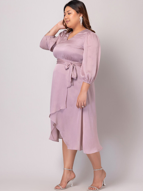 FabAlley Plus Size Puffed Sleeves Belted Warp Dress - Image 4