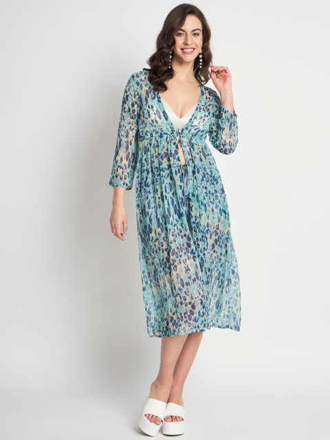 ANVI Be Yourself Sea Green Printed Gathered Longline Semi Sheer Chiffon Shrug