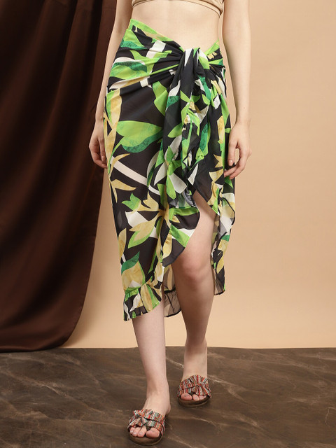 Claura Black Tropical Printed Bottom Coverup Sarong