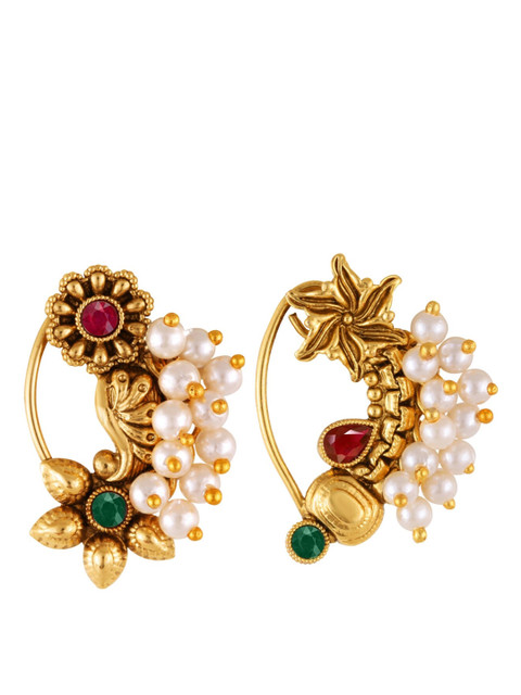 Vighnaharta Set Of 2 Gold-Plated Pearl Beaded Nosepin