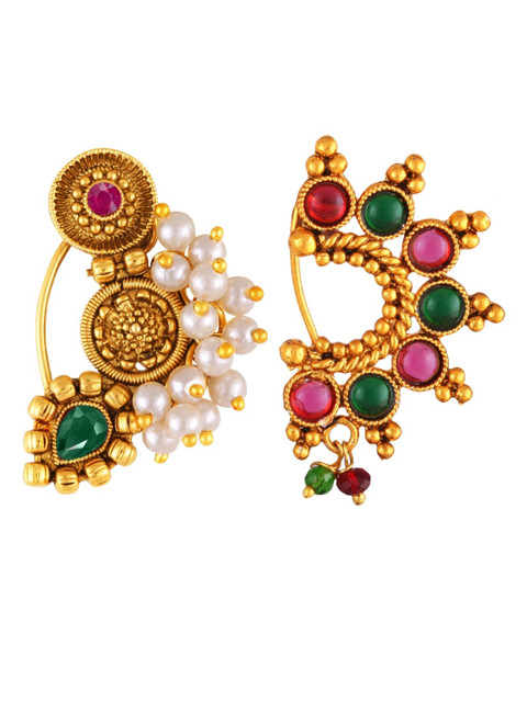 Vighnaharta Set Of 2 Gold-Plated Pearl Beaded Nosepin