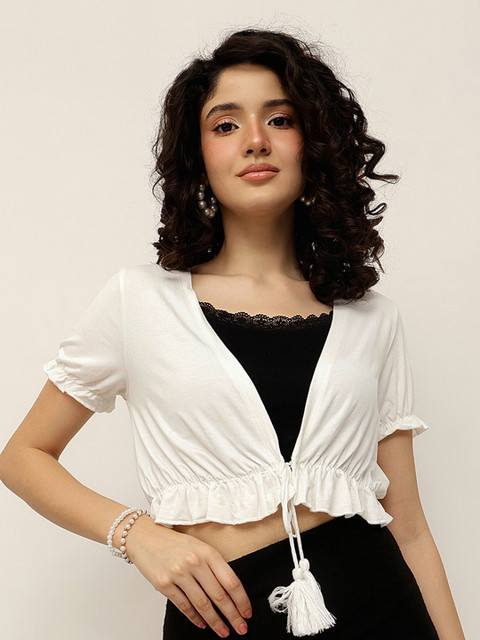 Espresso Gathered Sleeves Front Tie Up Crop Shrug