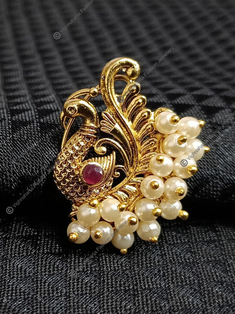 Vighnaharta Set Of 2 Gold-Plated Stone-Studded & Pearl Beaded Nosepin