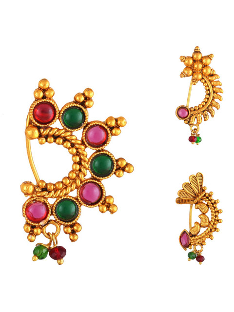 Vighnaharta Set Of 3 Gold-Plated Stone Studded & Beaded Nosepins