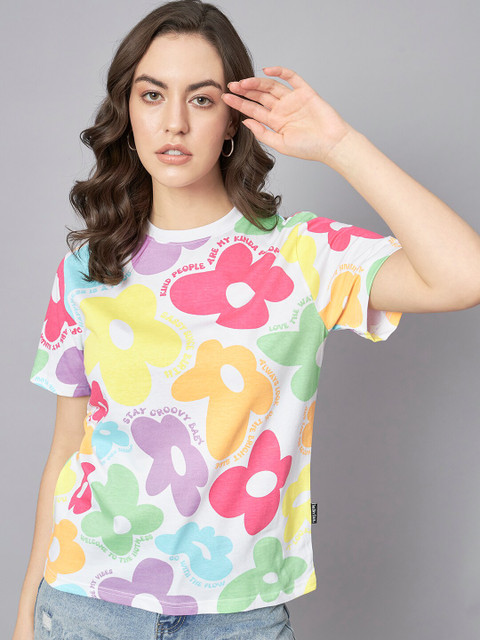 The Dry State White & Pink Floral Printed Loose Cotton T-shirt