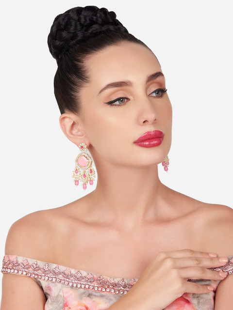 Zaveri Pearls Gold-Plated Stone-Studded & Beaded Contemporary Drop Earrings - Image 4