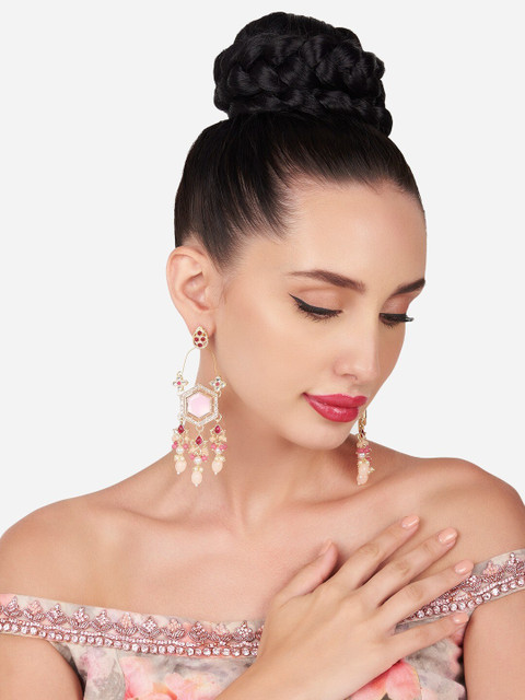 Zaveri Pearls Gold-Plated Kundan Studded & Beaded Contemporary Drop earrings - Image 4