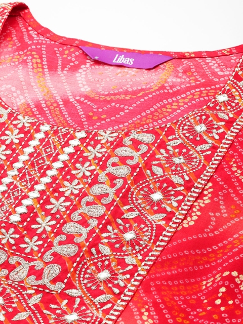 Libas Bandhani Printed Pleated Mirror Work Kurta with Trousers & Dupatta - Image 2