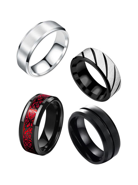 MEENAZ Unisex Set Of 4 Silver-Plated Textured Finger Rings