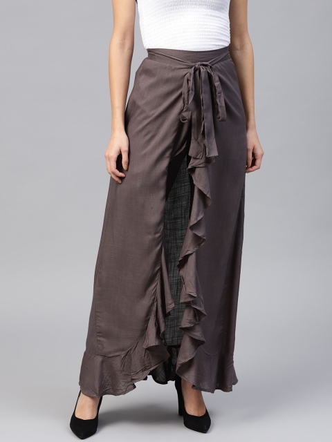 Nayo Taupe Solid Ruffled A-Line Maxi Skirt with Attached Trousers