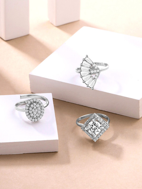 Yellow Chimes Set Of 3 Silver-Plated AD Studded Adjustable Finger Rings