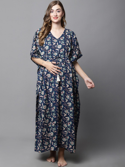 Secret Wish Floral Printed Maternity Pure Cotton Maxi Nightdress
