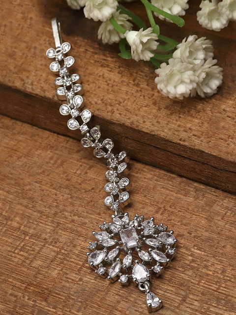 KARATCART Silver-Plated American Diamond-Studded Maang Tikka