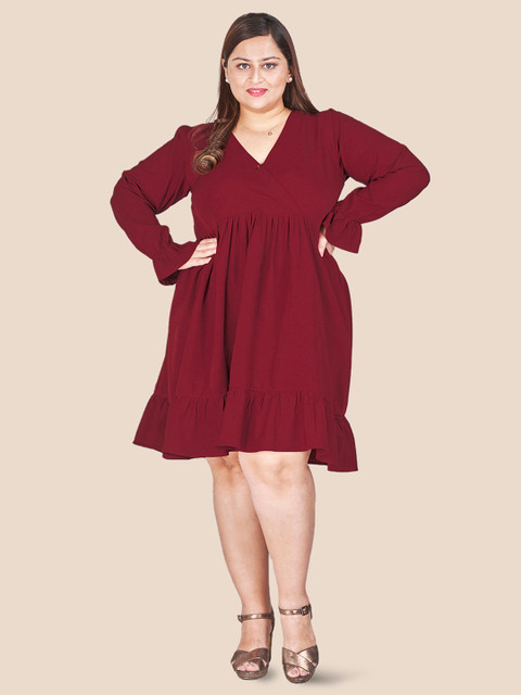 Curvy Lane Plus Size Gathered Detailed V-Neck Puff Sleeve A-Line Dress