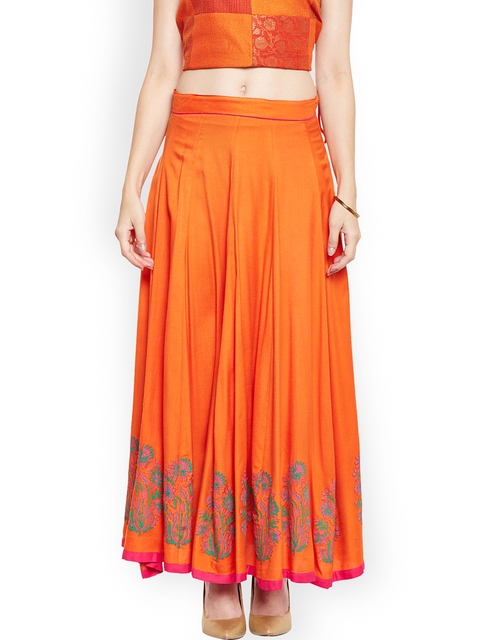 Bitterlime Women Block Print Kalidar Orange Skirt