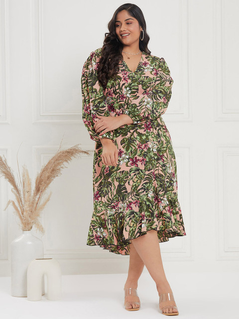 CURVE BY KASSUALLY Plus Size Nude & Green Tropical Printed V-Neck Crepe A-Line Midi Dress