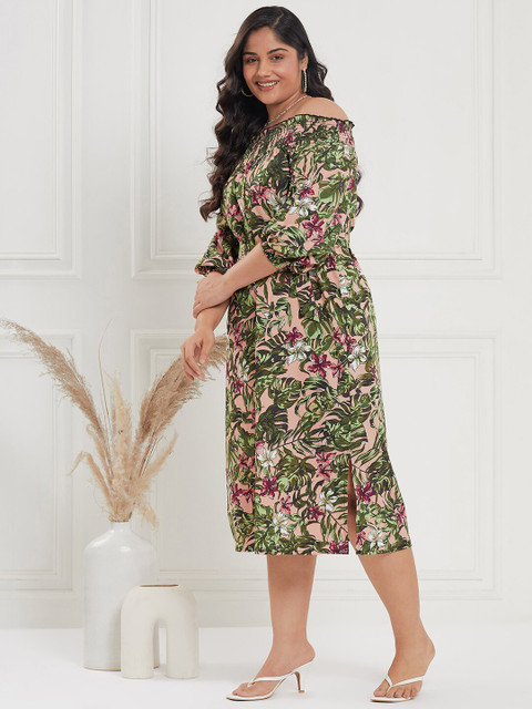 CURVE BY KASSUALLY Plus Size Nude & Green Tropical Printed Fit & Flare Midi Dress - Image 4