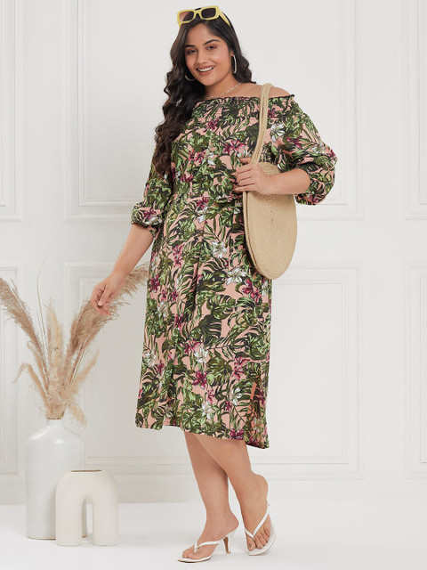 CURVE BY KASSUALLY Plus Size Nude & Green Tropical Printed Fit & Flare Midi Dress - Image 6