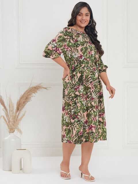 CURVE BY KASSUALLY Plus Size Nude & Green Tropical Printed Fit & Flare Midi Dress - Image 3