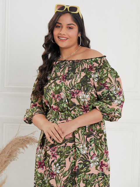 CURVE BY KASSUALLY Plus Size Nude & Green Tropical Printed Fit & Flare Midi Dress - Image 7