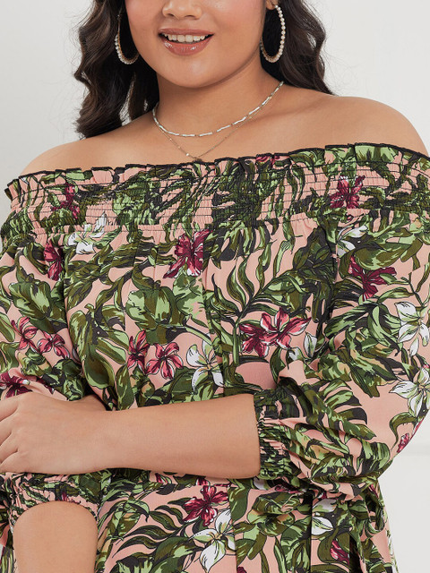 CURVE BY KASSUALLY Plus Size Nude & Green Tropical Printed Fit & Flare Midi Dress - Image 2