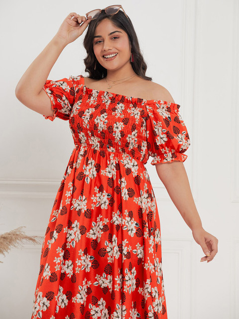 CURVE BY KASSUALLY Plus Size Orange & Black Floral Printed Smocked Empire Midi Dress - Image 7