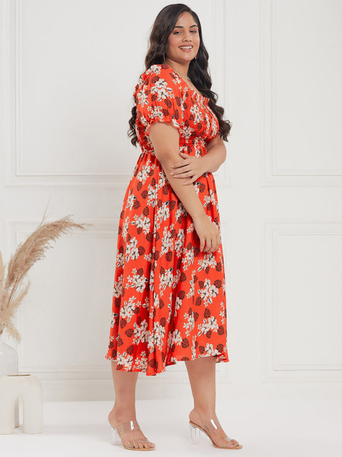 CURVE BY KASSUALLY Plus Size Orange & Black Floral Printed Smocked Empire Midi Dress - Image 3