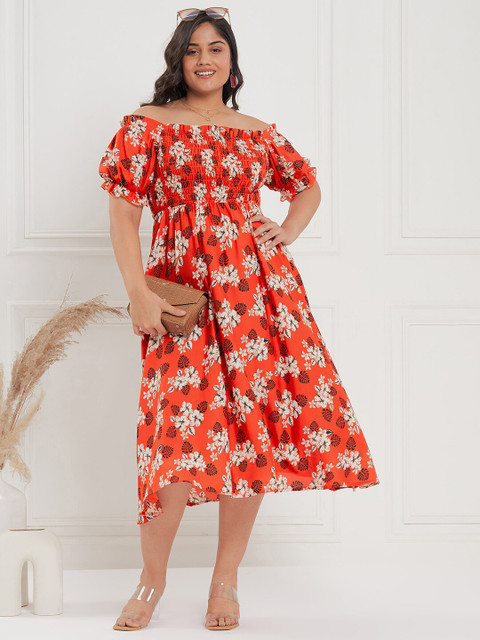 CURVE BY KASSUALLY Plus Size Orange & Black Floral Printed Smocked Empire Midi Dress - Image 6