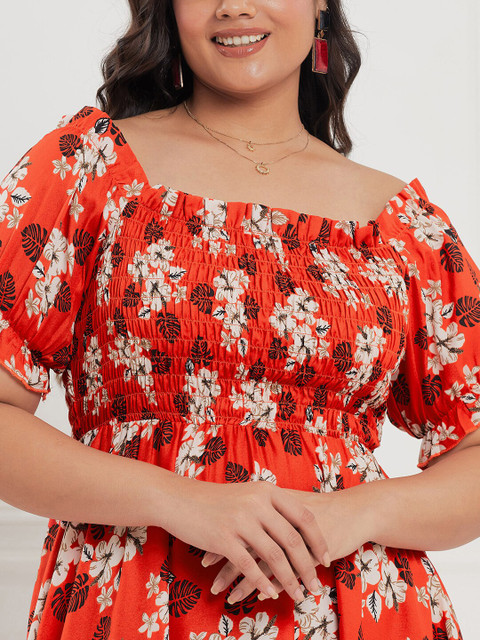 CURVE BY KASSUALLY Plus Size Orange & Black Floral Printed Smocked Empire Midi Dress - Image 2
