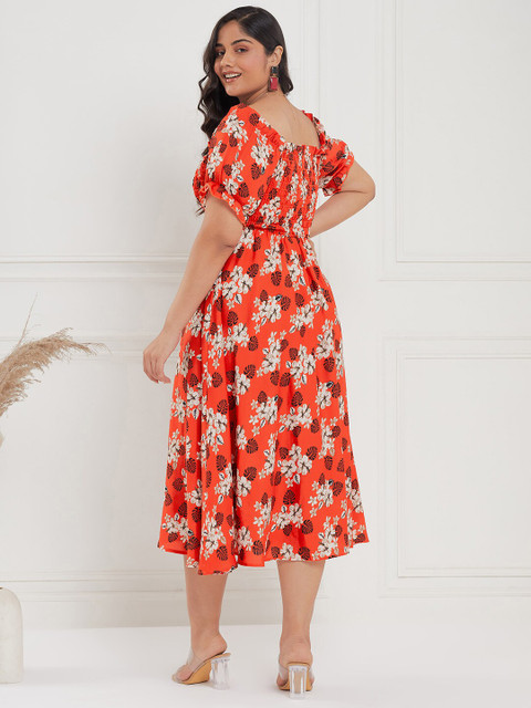 CURVE BY KASSUALLY Plus Size Orange & Black Floral Printed Smocked Empire Midi Dress - Image 5