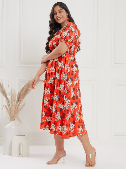 CURVE BY KASSUALLY Plus Size Orange & Black Floral Printed Smocked Empire Midi Dress - Image 4