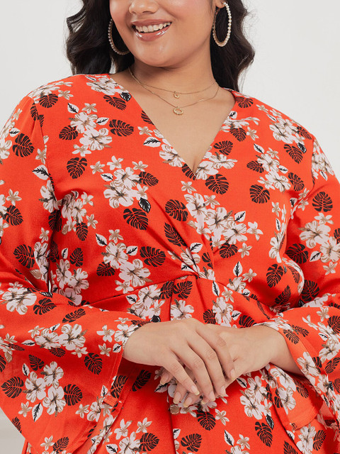 CURVE BY KASSUALLY Plus Size Orange & Black Floral Printed Pleated Fit & Flare Midi Dress - Image 2