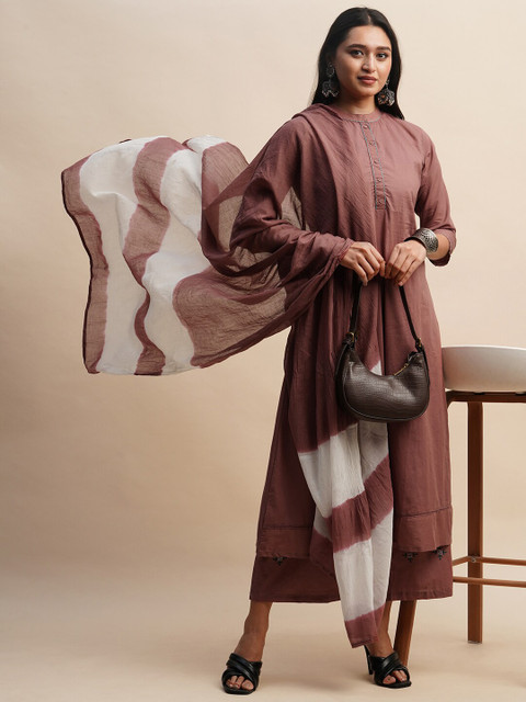 Sangria Mandarin Collar Pure Cotton Kurta With Trousers & Dupatta - Image 6