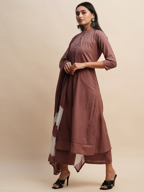 Sangria Mandarin Collar Pure Cotton Kurta With Trousers & Dupatta - Image 3