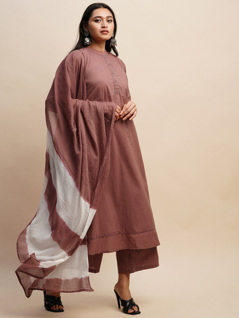 Sangria Mandarin Collar Pure Cotton Kurta With Trousers & Dupatta - Image 2