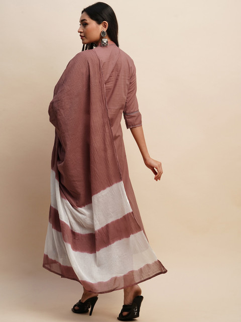 Sangria Mandarin Collar Pure Cotton Kurta With Trousers & Dupatta - Image 4