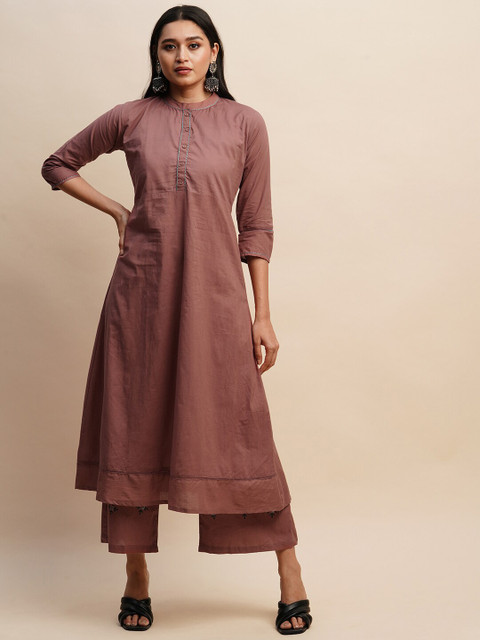 Sangria Mandarin Collar Pure Cotton Kurta With Trousers & Dupatta - Image 5