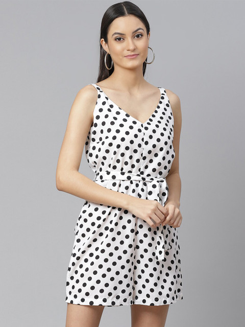Sleek Italia Polka Dots Printed Waist Tie-Up Playsuit