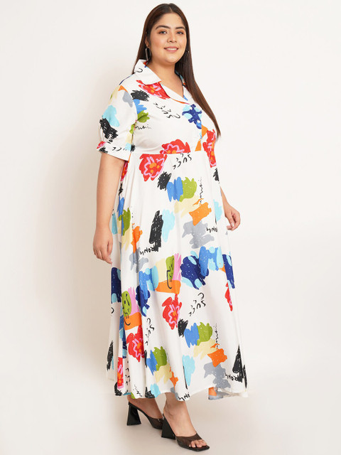 U&F Beyond Plus Size Abstract Printed Shirt Collar Puff Sleeves Fit & Flare Dress - Image 3