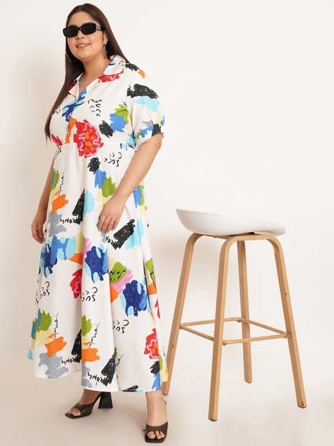 U&F Beyond Plus Size Abstract Printed Shirt Collar Puff Sleeves Fit & Flare Dress - Image 5