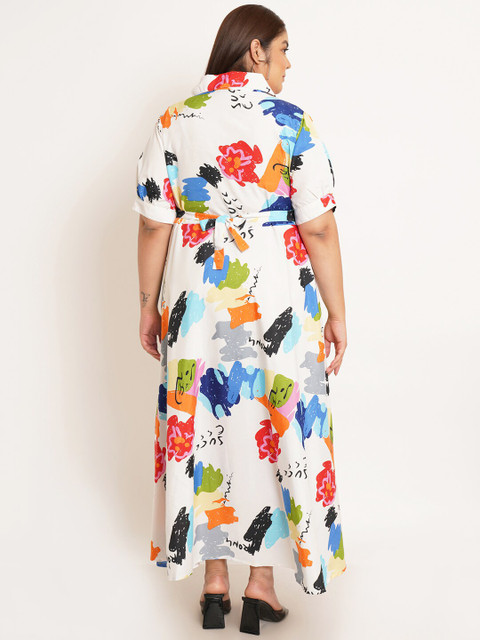 U&F Beyond Plus Size Abstract Printed Shirt Collar Puff Sleeves Fit & Flare Dress - Image 4