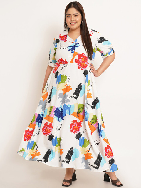 U&F Beyond Plus Size Abstract Printed Shirt Collar Puff Sleeves Fit & Flare Dress