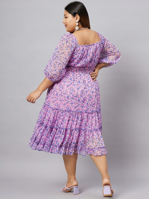Antheaa Curve Plus Size Floral Printed Puff Sleeves Fit & Flare Dress - Image 5