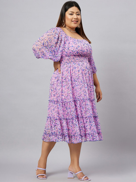 Antheaa Curve Plus Size Floral Printed Puff Sleeves Fit & Flare Dress - Image 3