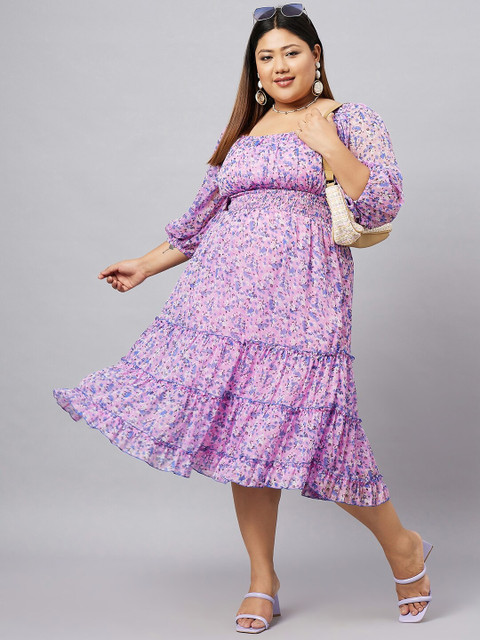 Antheaa Curve Plus Size Floral Printed Puff Sleeves Fit & Flare Dress - Image 7