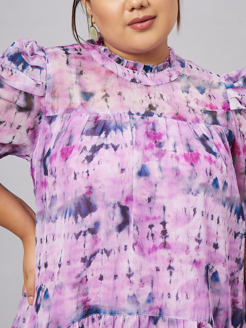 Antheaa Curve Plus Size Tie & Dyed Chiffon Fit & Flare Tiered High-Low Midi Dress - Image 2