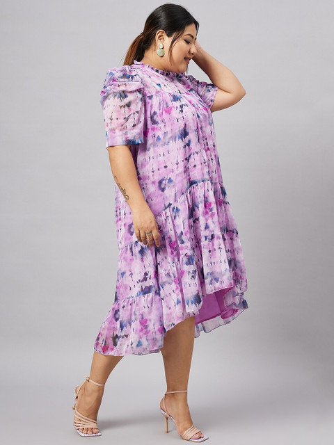 Antheaa Curve Plus Size Tie & Dyed Chiffon Fit & Flare Tiered High-Low Midi Dress - Image 3