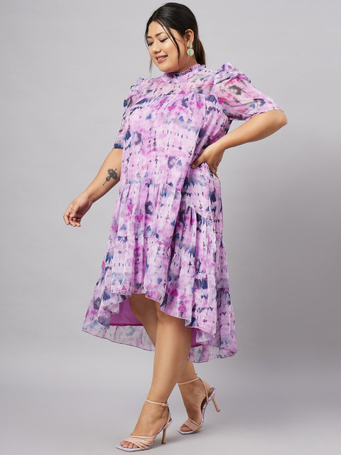 Antheaa Curve Plus Size Tie & Dyed Chiffon Fit & Flare Tiered High-Low Midi Dress - Image 4