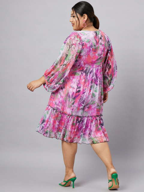 Antheaa Curve Plus Size Floral Printed Puff Sleeves Chiffon Fit and Flare Dress - Image 5