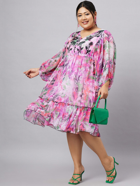 Antheaa Curve Plus Size Floral Printed Puff Sleeves Chiffon Fit and Flare Dress - Image 6